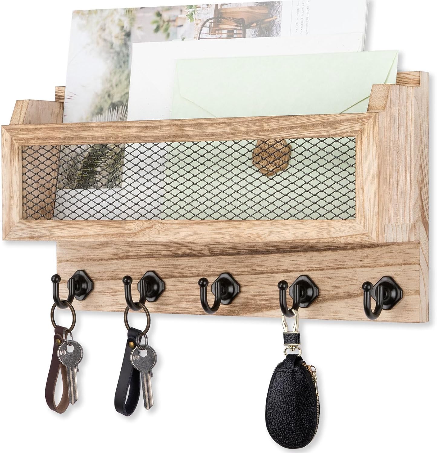 Nekon Mail and Key Holder for Wall Decorative, 11 Inch Mail Holder, Brown | Wooden Wall Key Organizer with 5 Key Hooks, Wall Mount Storage Shelf for Entryway Hallway