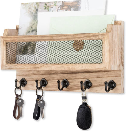 Nekon Mail and Key Holder for Wall Decorative, 11 Inch Mail Holder, Brown | Wooden Wall Key Organizer with 5 Key Hooks, Wall Mount Storage Shelf for Entryway Hallway