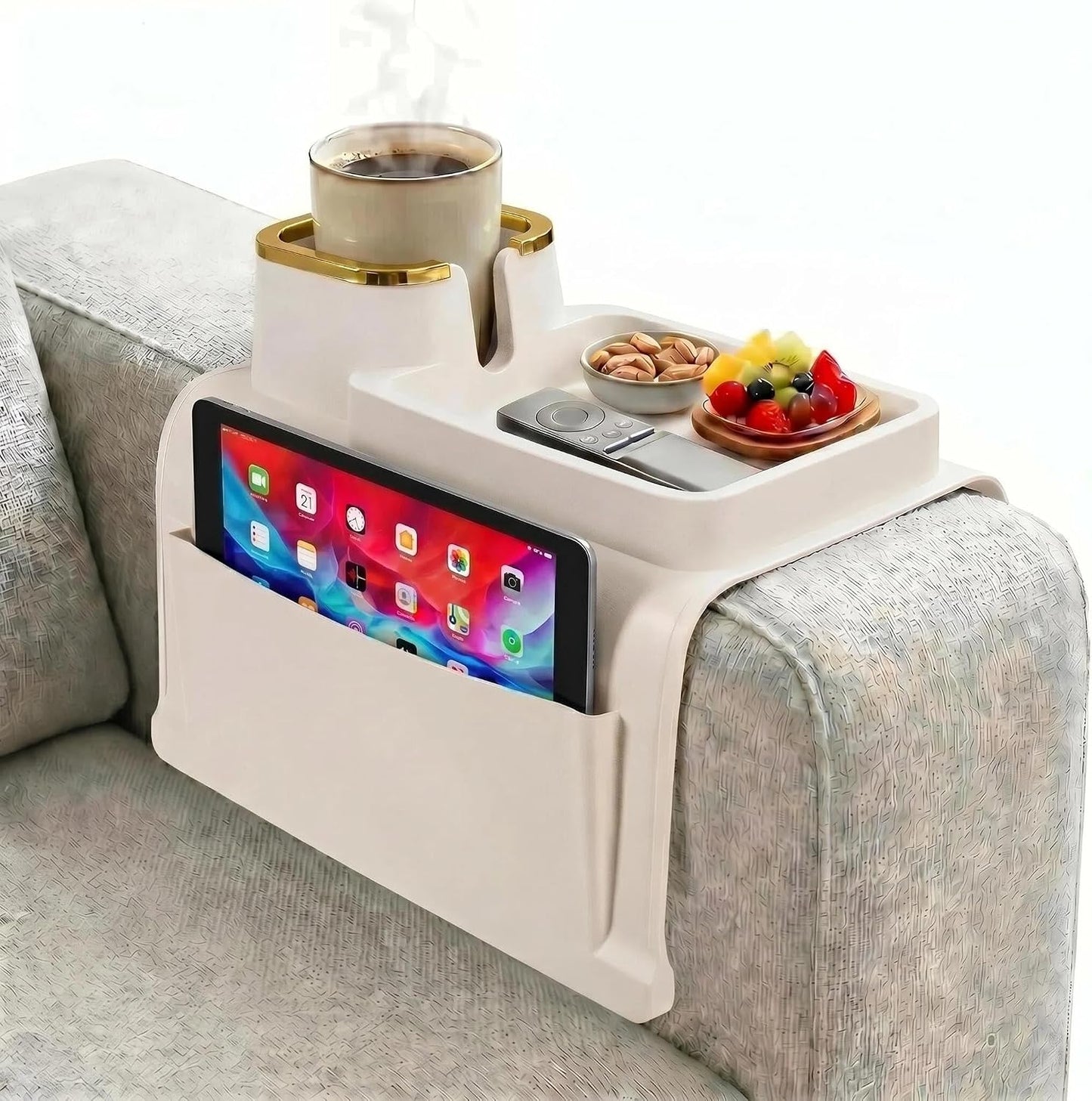 Luxury Gold Trim Couch Cup Holder Tray - Weighted Anti-Spill Navy Blue Silicone Sofa Armrest Organizer, Non-Slip Recliner Tray Table for Drinks, Remote, Phone - Fits Most Couch Arms