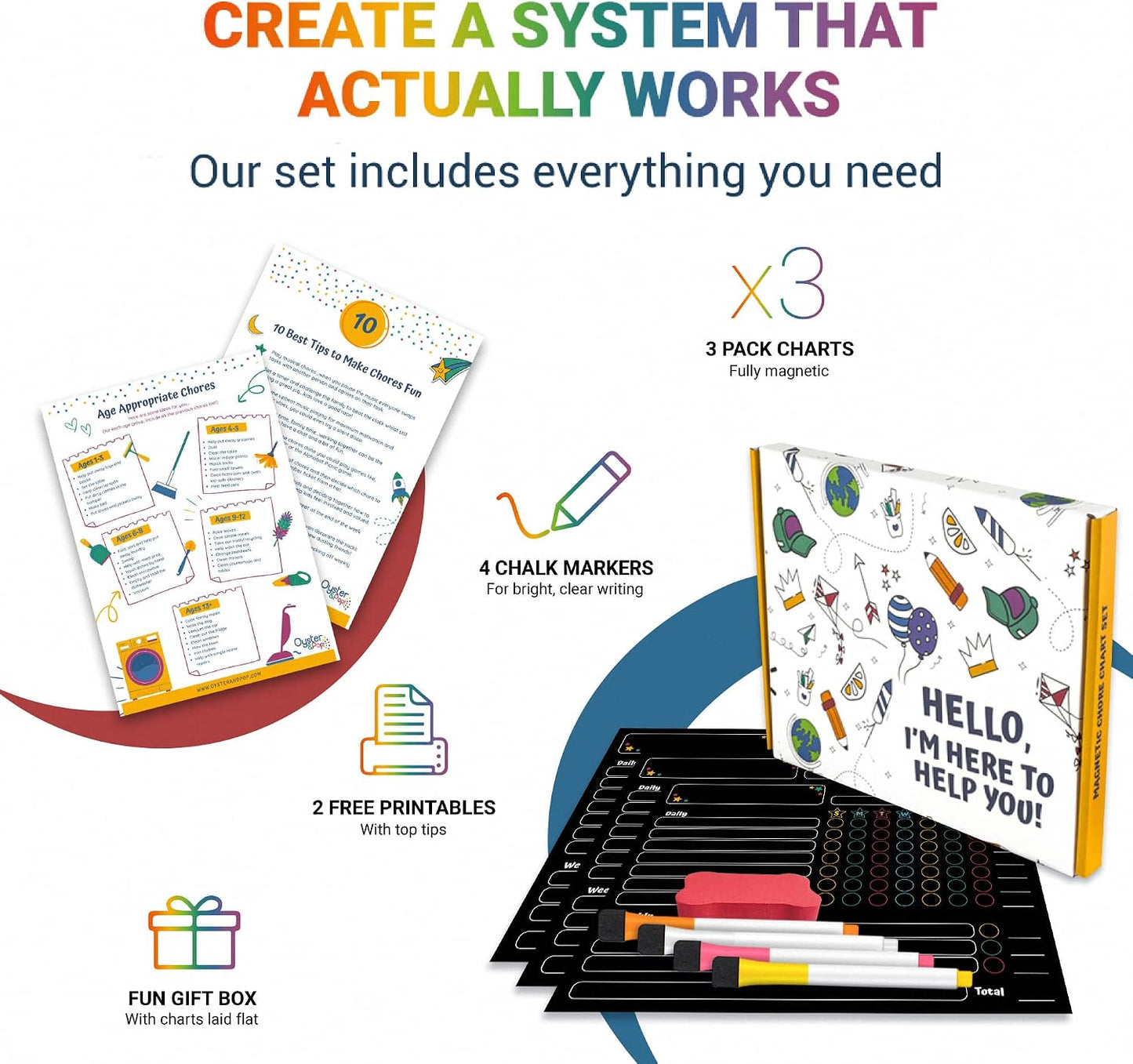 Oyster&Pop Black Chore Charts for Multiple Kids - 3 Pack Magnetic Dry Erase | Build responsibility, independence and routines - give kids and teens their own black magnetic board and weekly rewards