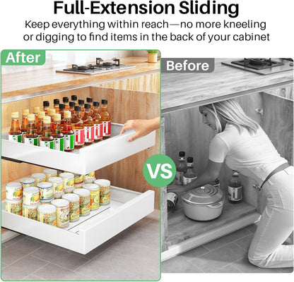 Pull out Cabinet Organizer, 21"Deep, Heavy Duty Full-Extension Slide out Drawers for Kitchen Cabinets with Nano Adhesive, Roll Out Shelf Sliding Cabinet for Pots, Bathroom, Pantry, Under Sink, White