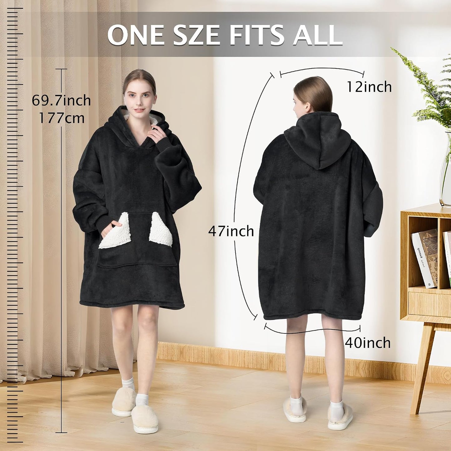 Wearable Blanket Hoodie, Oversized Sherpa Fleece Sweatshirt Blanket with Giant Hood Pocket and Sleeves for Adult, Warm & Cozy Grey Blanket Gifts for Women