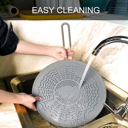 Silicone Grease Splatter Screen Pan Cover with Folding Handle, Heat Resistant Cooling Mat, Strainer, Drain Board, Oil Splash Guard for Frying Pan Cooking, 11.4 Inch