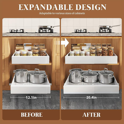 Seinloes 4 Pack Expandable Pull Out Cabinet Organizer 21"Deep With Raising Pad for Framed Cabinets,Upgrade 3 Slide Rails Slide Out Drawers,No Drill Roll Out Shelves,Adjustable Width 12.1"-20.4" White