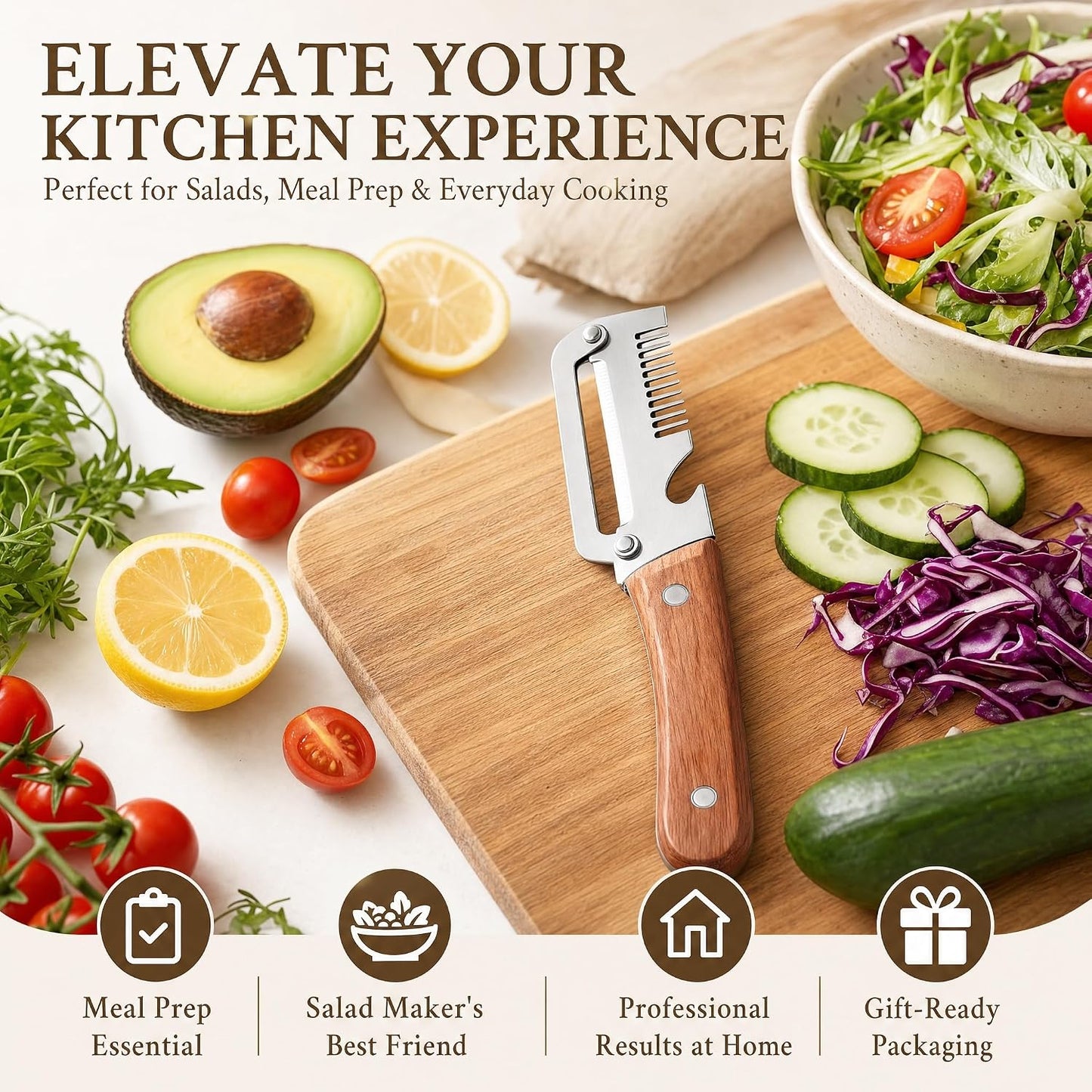 Upgrade Vegetable Peeler and Julienne Peeler Set, 2-Pcs Multifunctional Stainless Steel Veggie Peelers for Kitchen with Wood Handles & Built-in Bottle Opener, Sharp Potato, Carrot & Scallion Shredder