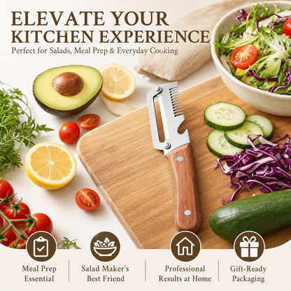 Upgrade Vegetable Peeler and Julienne Peeler Set, 2-Pcs Multifunctional Stainless Steel Veggie Peelers for Kitchen with Wood Handles & Built-in Bottle Opener, Sharp Potato, Carrot & Scallion Shredder