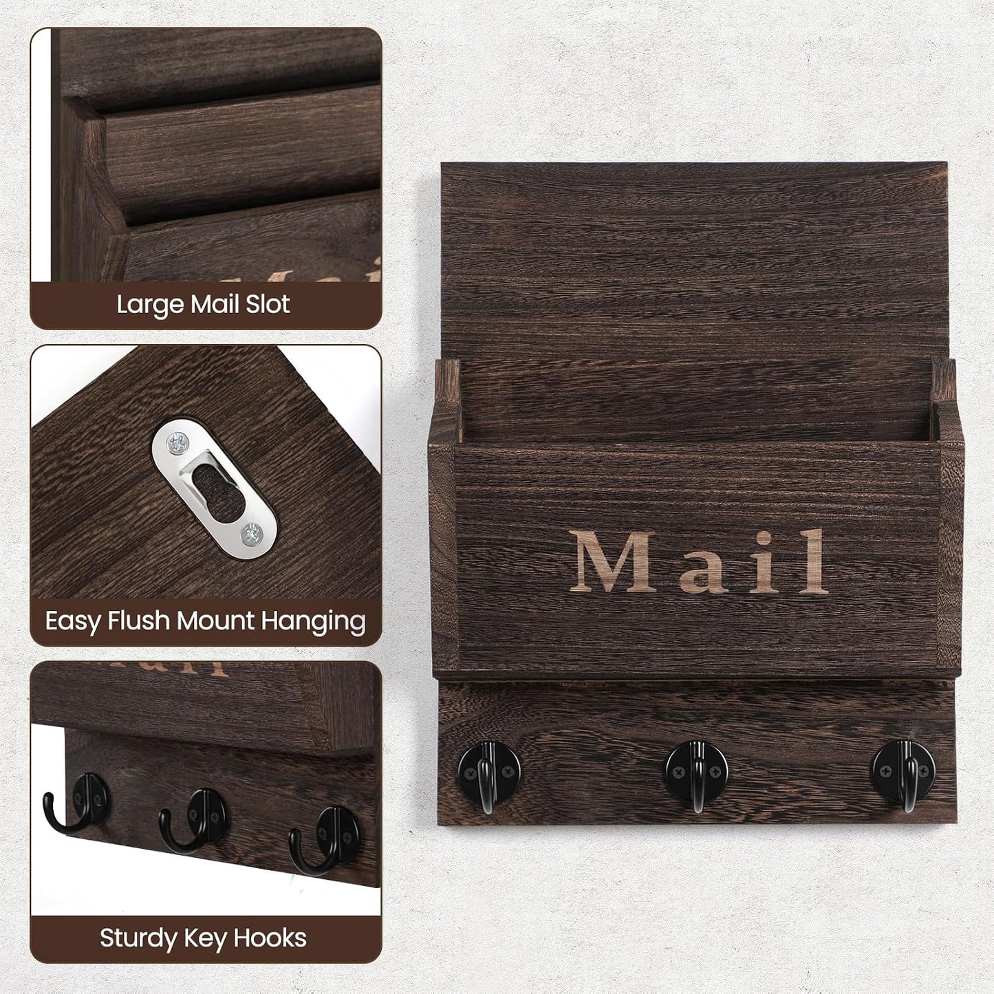 Mail and Key Holder, Wall Key Holder with 2 Mail Organizer Slot and 3 Hooks | Decorative 8.86" x 11.42" Mail Holder, Real Paulownia Wood with Keyhole Brackets, Hardware and Instructions