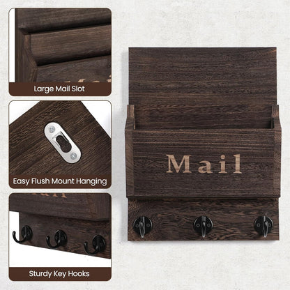 Mail and Key Holder, Wall Key Holder with 2 Mail Organizer Slot and 3 Hooks | Decorative 8.86" x 11.42" Mail Holder, Real Paulownia Wood with Keyhole Brackets, Hardware and Instructions