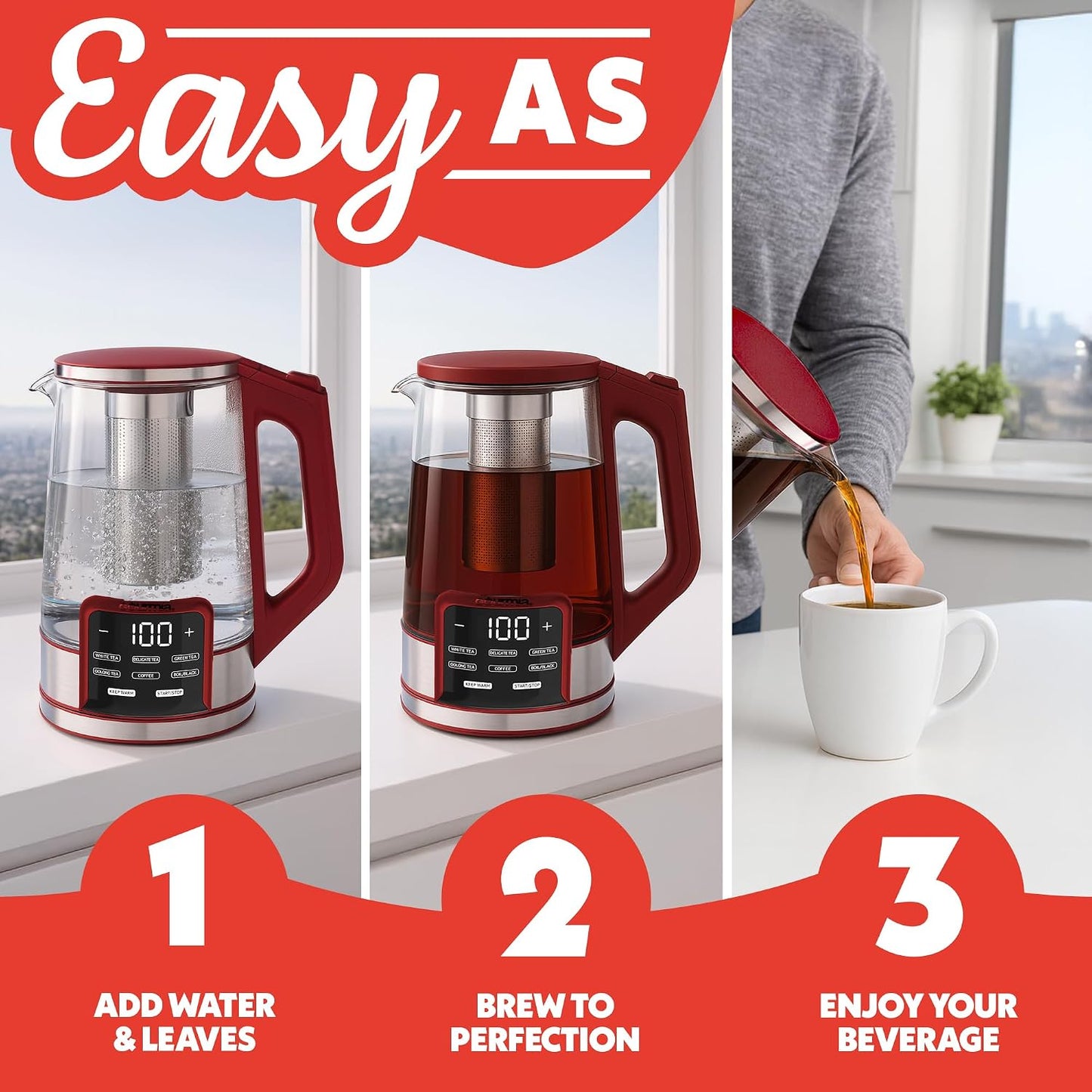 Gourmia Electric Glass Kettle – 1.7L Programmable Tea & Coffee Brewer with Digital Touch Display, 6 Presets, Removable Stainless Steel Infuser, Cordless with 360° Swivel Base, Black