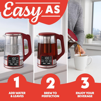 Gourmia Electric Glass Kettle – 1.7L Programmable Tea & Coffee Brewer with Digital Touch Display, 6 Presets, Removable Stainless Steel Infuser, Cordless with 360° Swivel Base, Black