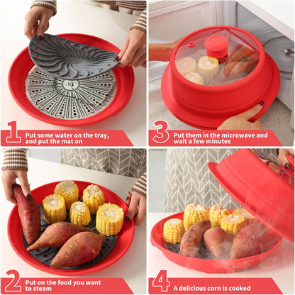 Collapsible Microwave Splatter Lid with Vented Tempered Glass Cover Wok Lid for Microwave Safe, Stockpot Steamer Pot Pan Round Bowl Plate 5" 6" 7" 8" 9" 10" Universal Multifunction Silicone Cover