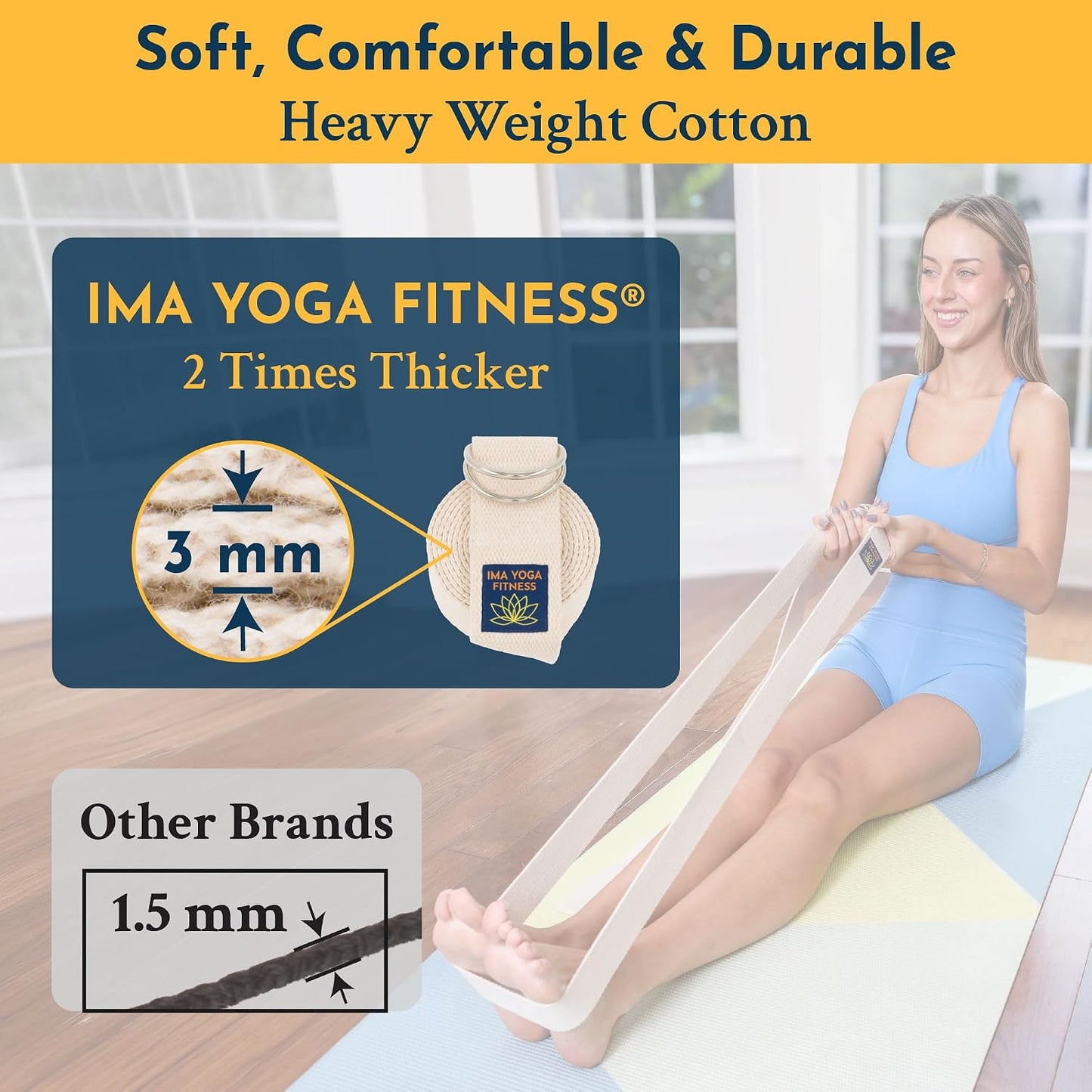Adaptive Yoga Strap for Stretching - Extra-Wide 2 Inches 100% Cotton Stretch Strap with Steel D-Rings for Physical Therapy, Pilates & Flexibility - Storage Pouch & E-Book