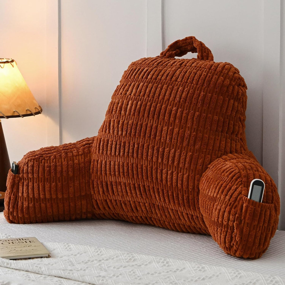 Faux Fur Reading Pillow for Sitting in Bed, Large Backrest Bed Pillow with Arms, Back Support Pillow for Lounging Bedrest, Beige