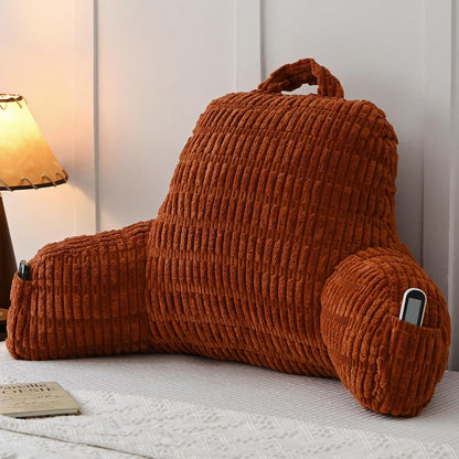 Faux Fur Reading Pillow for Sitting in Bed, Large Backrest Bed Pillow with Arms, Back Support Pillow for Lounging Bedrest, Beige