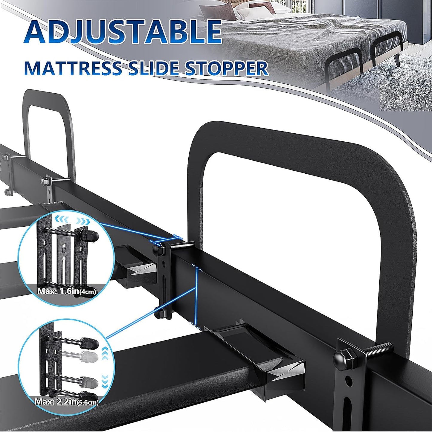 Mattress Slide Stopper With Bedside Caddy For Metal Frame Extra Tall Adjustable Mattress Retainer Bar For Bed Keep Mattres Topper From Sliding Non Slip Mattresses Gripper Gasket Holder Bracket