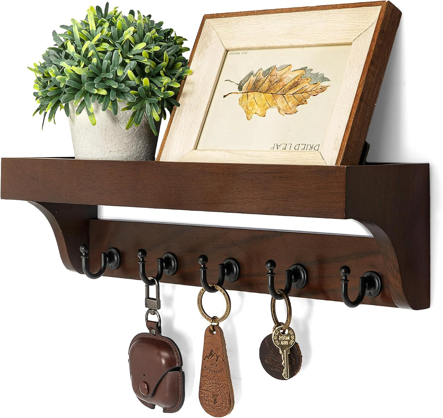 Rebee Vision Key Holder Wall Mount with 5 Hooks for Entryway, Retro Brown | Display Shelf for Plant & Letters, Key Shelf for Hats, Dog Leashes, Mail Organizer, Decorative Entryway & Living Room