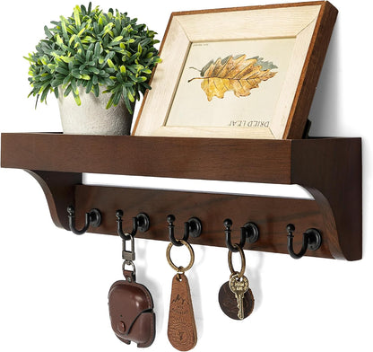 Rebee Vision Key Holder Wall Mount with 5 Hooks for Entryway, Retro Brown | Display Shelf for Plant & Letters, Key Shelf for Hats, Dog Leashes, Mail Organizer, Decorative Entryway & Living Room
