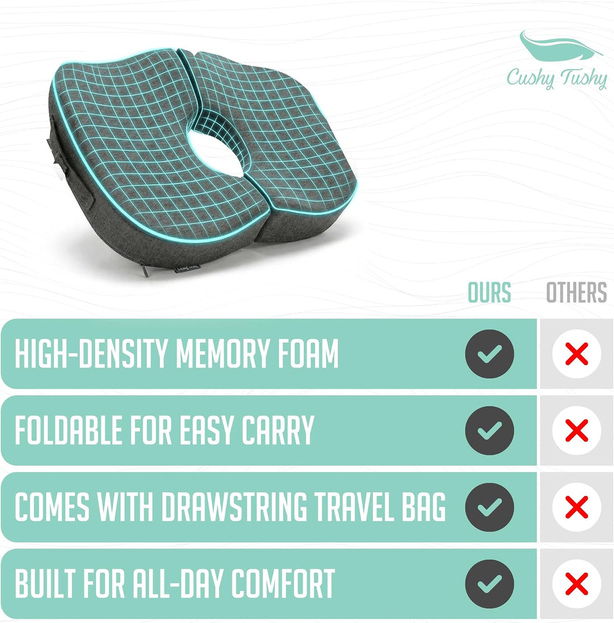 Cushy Tushy Premium Foldable Travel Seat Cushion - for Relief of Lower Back, Sciatic, Butt and Tailbone Pain - for Home & Office Use, Perfect for Travel or Driving - Coccyx Seat Cushion