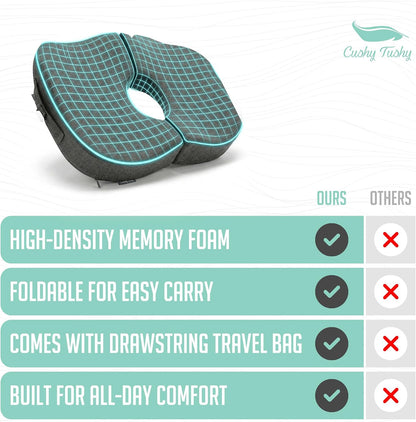 Cushy Tushy Premium Foldable Travel Seat Cushion - for Relief of Lower Back, Sciatic, Butt and Tailbone Pain - for Home & Office Use, Perfect for Travel or Driving - Coccyx Seat Cushion