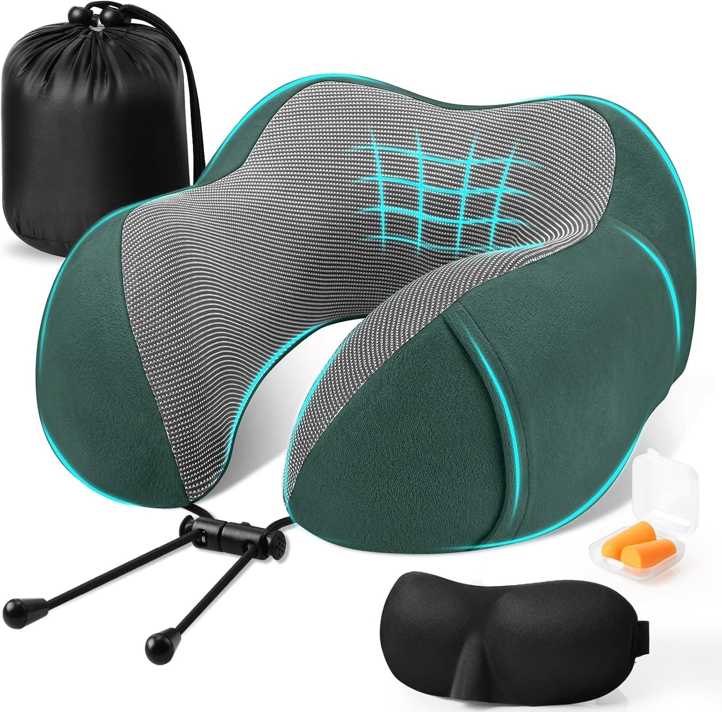 CloudBliss Neck Pillow for Airplanes, Memory Foam Travel Pillow, Black | Compact Flight Pillow with Eye Mask, Earplugs, Carry Bag, Travel Neck Pillow for Long Flight Sleep, Plane Travel Essentials
