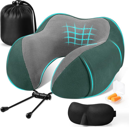 CloudBliss Neck Pillow for Airplanes, Memory Foam Travel Pillow, Black | Compact Flight Pillow with Eye Mask, Earplugs, Carry Bag, Travel Neck Pillow for Long Flight Sleep, Plane Travel Essentials