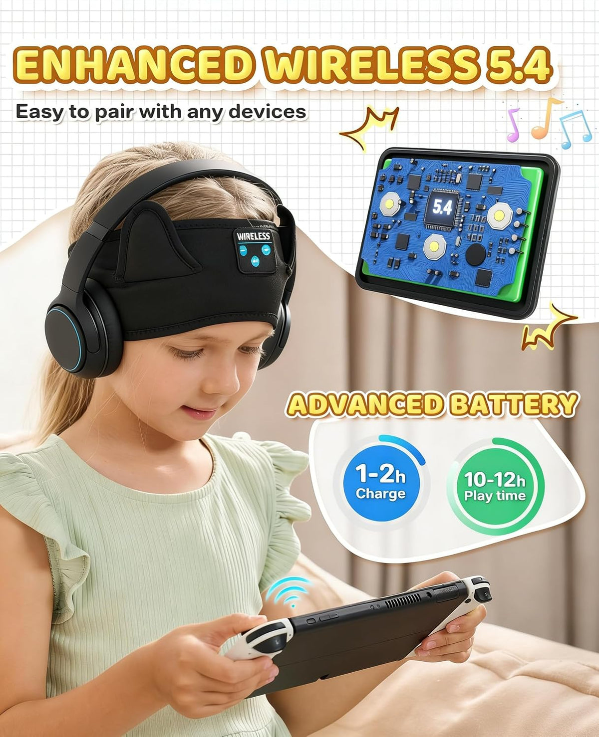 KIDSBAND Kids Bluetooth Headphones, Sleep Headband [Wireless & Wired Playback 2in1] Foldable Headphones for School/Travel/Tablet/Sleep