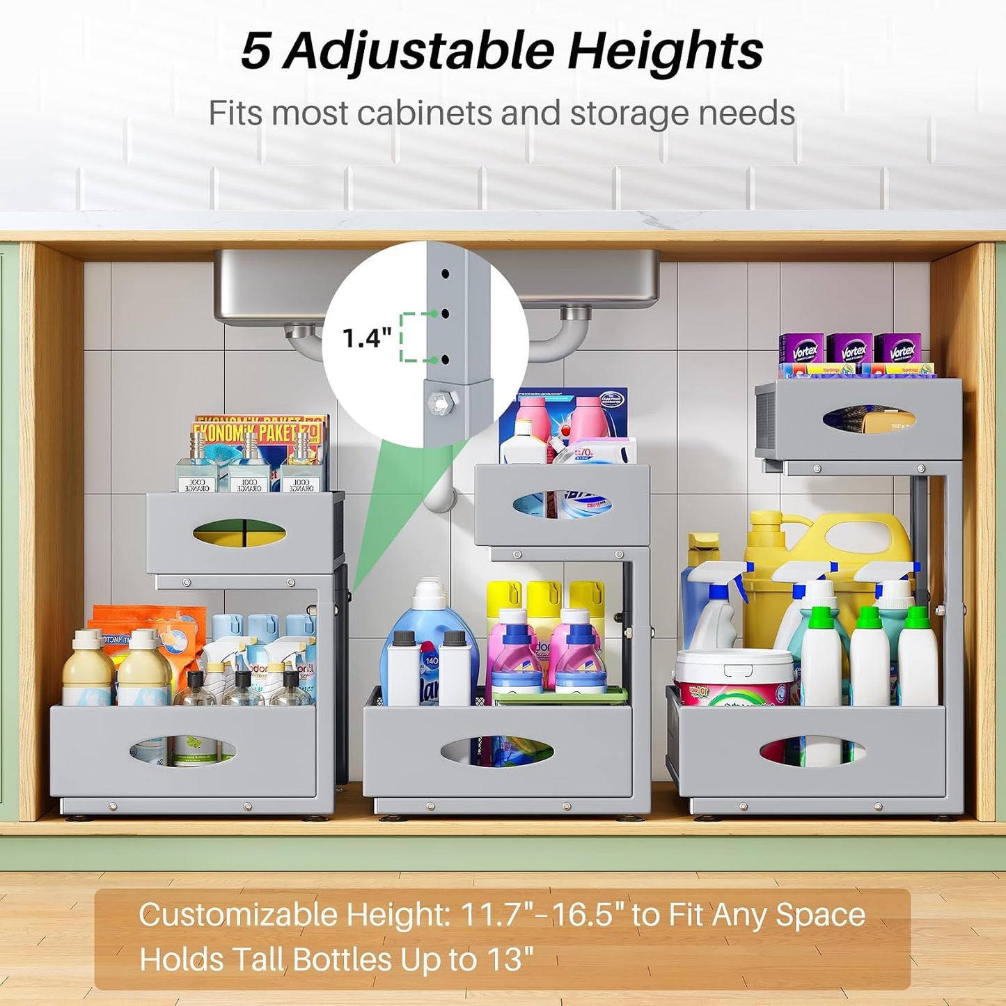 Under Sink Organizer, 2-Pack Pull Out Cabinet Organizer 2 Tier Metal Slide Out Storage Shelf Rack, L-Shaped Adjustable Height,Mesh Sliding Drawer for Kitchen, Bathroom, Laundry, Pantry, White, XL