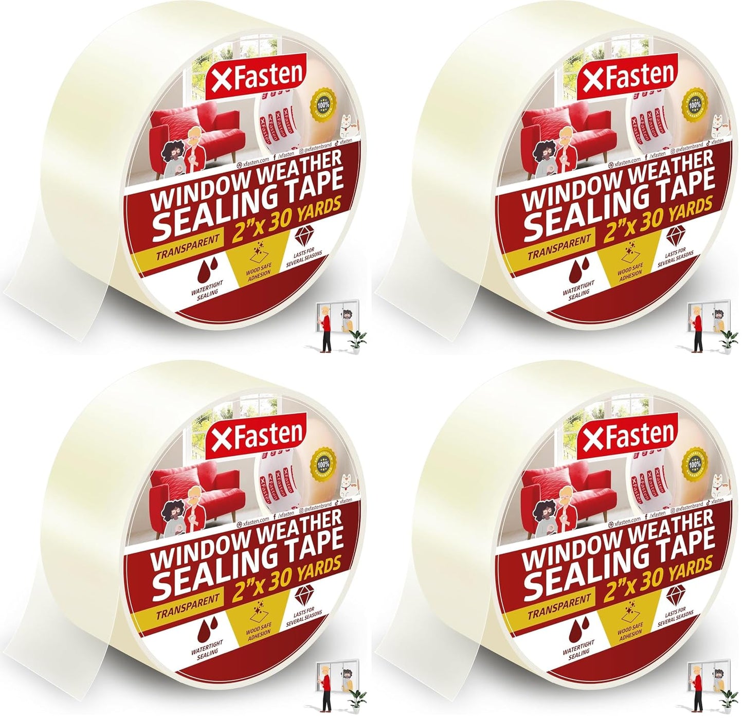 XFasten Transparent Window Weather Stripping Tape 2”x30yds (3-Pack Total 90yds), No Residue Insulation Tape for Windows and Doors, Winter Window Seal