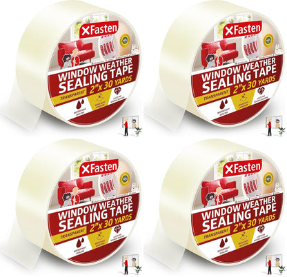 XFasten Transparent Window Weather Stripping Tape 2”x30yds (3-Pack Total 90yds), No Residue Insulation Tape for Windows and Doors, Winter Window Seal