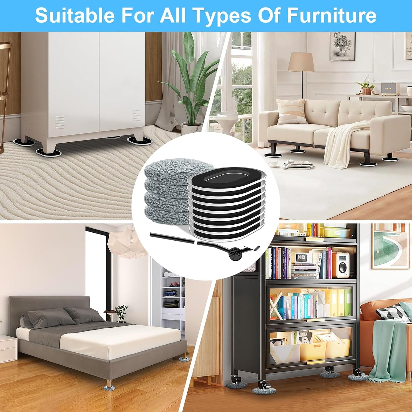 New Upgrade Furniture Sliders: Multi-Surface 3-in-1 Furniture Movers Slider | Heavy Moving Pads with 8PCS 4.3" Carpet Sliders + 4PCS Hard Floor Socks + 1 Lifter - Protect Floor and Easily Move Furniture