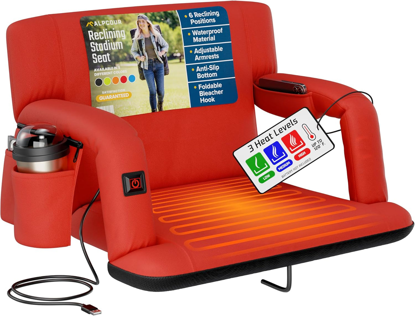 Heated Reclining Stadium Seat for Bleachers – Wide Bleacher Chair with Back Support and Cushion, Armrests, Side Pockets, & Hook – Stadium Seats Chairs for Camping, Kayak, Paddle Board & More
