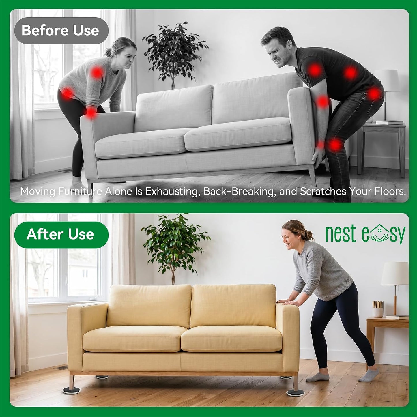 Furniture Lifter Tool 8-Pack of 3.5" Sliders, Save 80% Effort | Complete Moving Kit with Cushioned Pad - Effortlessly Moves Sofas, Couches & Appliances on Carpet or Hardwood Floors Safely