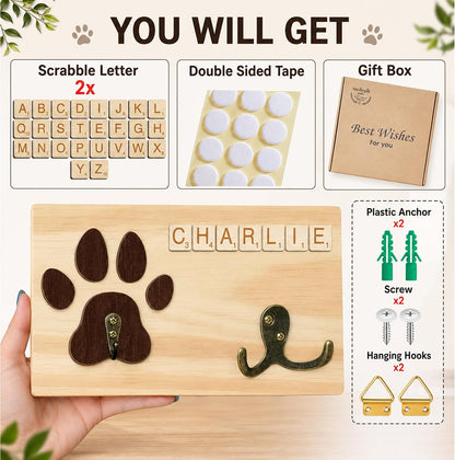 Dog Leash Holder Wall Mount, Pet Harness Hanger with Scrabble Letters, Dog Collar Organizer for Entryway, Memorial Cat Leash Holder for Wall, Pet Loss Gifts, Keepsake, Home Decor PF212-NAT