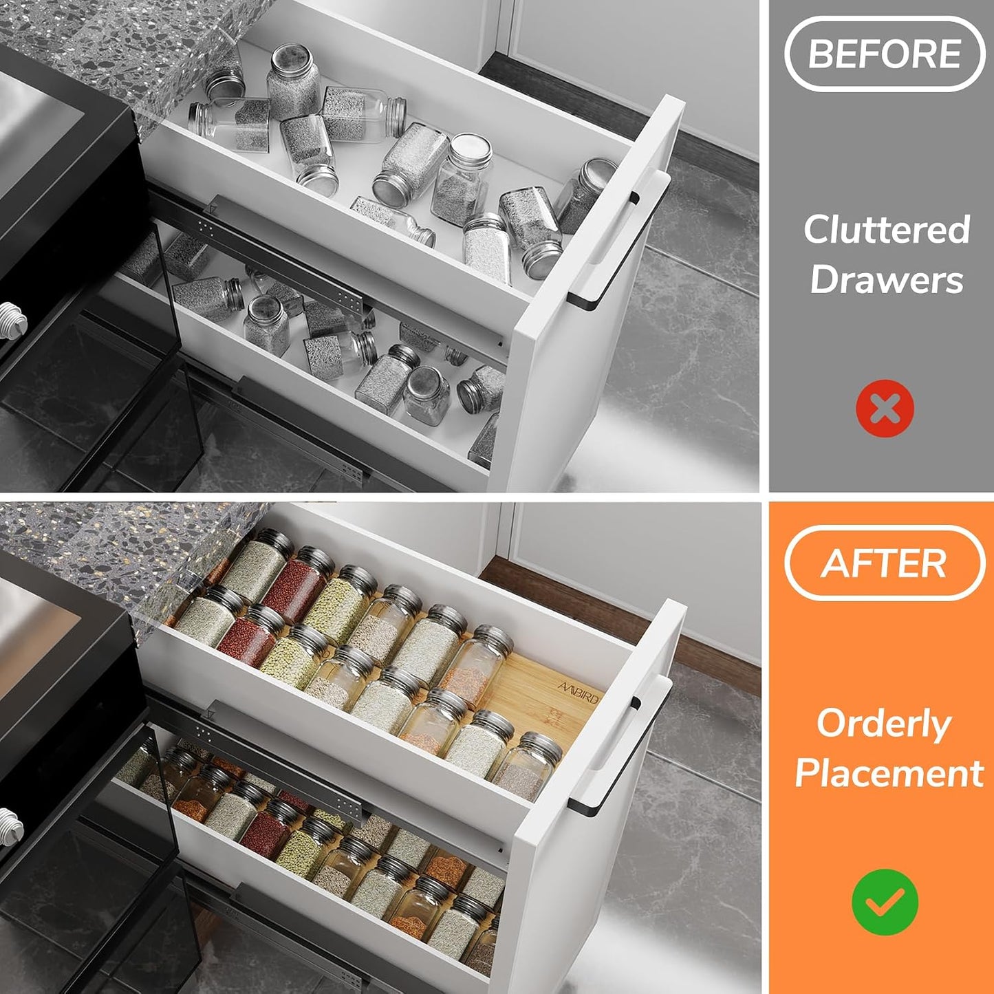AMBIRD Bamboo Spice Drawer Organizer with Non-slip Mat,4 Tier - 2 Set Jar Spice Rack Tray From 9.5''to 19'', Seasoning Organizer for Kitchen,Cabinet,Drawers,Countertop