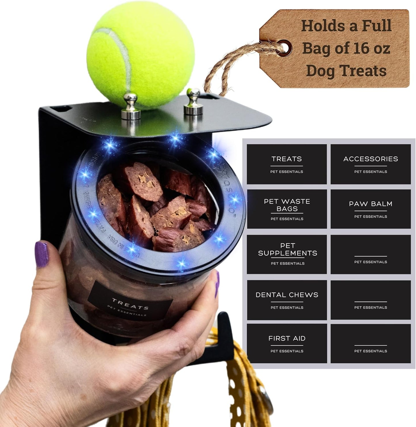 Dog Leash Holder for Wall with Shelf — Wall Mounted Dog Treat Holder & Station, 2 Airtight 32oz Treat Containers, 9 Hooks, Patented Lidless Slide-to-Seal Jars, Solid Steel, Made in USA