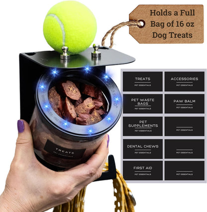 Dog Leash Holder for Wall with Shelf — Wall Mounted Dog Treat Holder & Station, 2 Airtight 32oz Treat Containers, 9 Hooks, Patented Lidless Slide-to-Seal Jars, Solid Steel, Made in USA