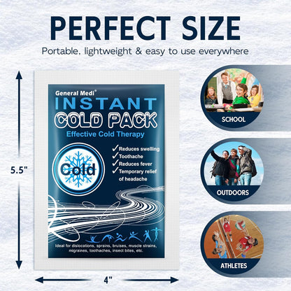 General Medi Instant Ice Cold Pack (4”x 5.5”) – 25 Packs Disposable Cold Therapy Ice Packs for Pain Relief, Swelling, Inflammation, Sprains, Toothache – for Athletes & Outdoor Activities