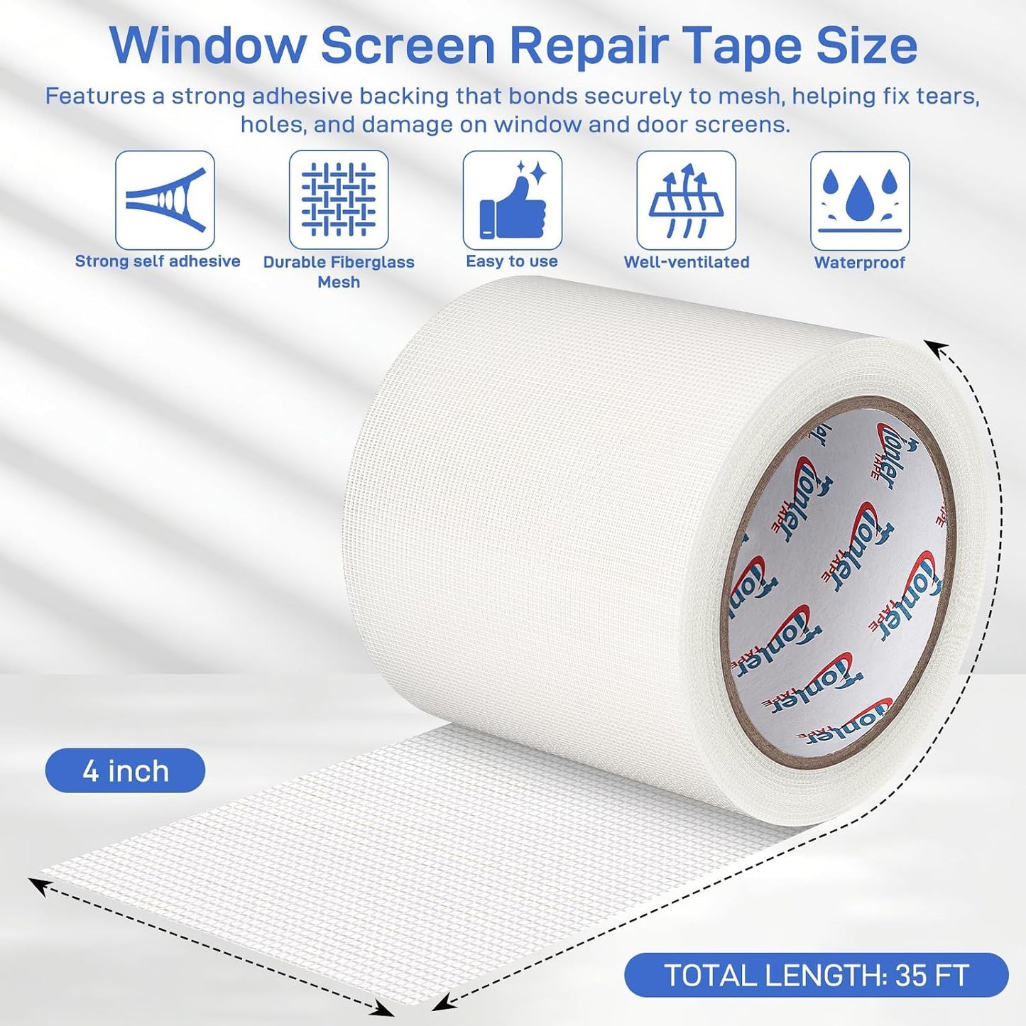 Gray Window Screen Repair Tape 2" x 40FT Fiberglass Strong Adhesive | Waterproof fiberglass mesh repair patch, fixes holes and tears, easy to cut and stick for window door screen repair