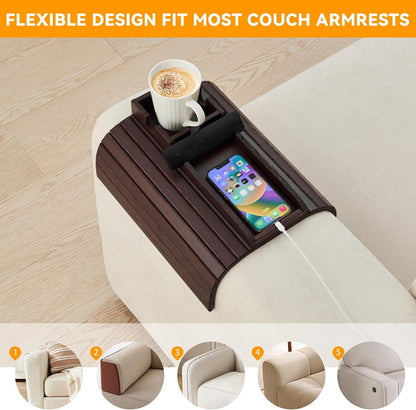 GEHE Bamboo Couch Cup Holder, Anti-Spill Sofa Arm Tray, Natural and Easy to Clean Couch Arm Cup Holder Armrest Tray Perfect for Cups, Beers, Snacks, Remote Control, Drinks