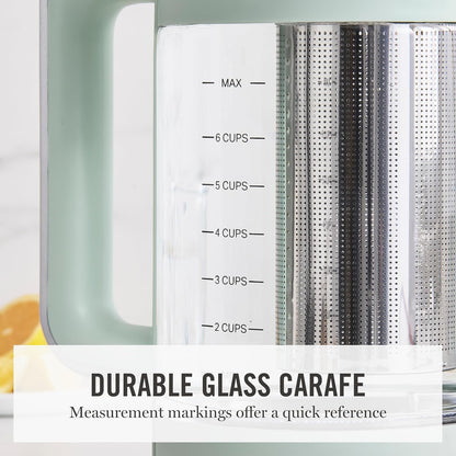 Martha Stewart 1.7L Glass Carafe Electric Kettle with Removable Tea Infuser | 7 Cups, 4 Presets, Rapid Boiling, Stainless Steel Tea Leaf Infuser, Cordless Swivel Base, Keep Warm, Auto Shut-Off, Linen