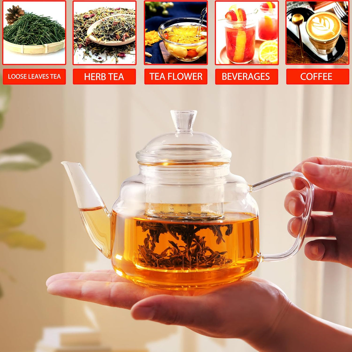CNGLASS Glass Teapot with Removable Infuser,20oz(600ml) Clear Glass Tea Kettle Stovetop Safe,Glass Teapot with Strainer for Blooming and Loose Leaf Tea