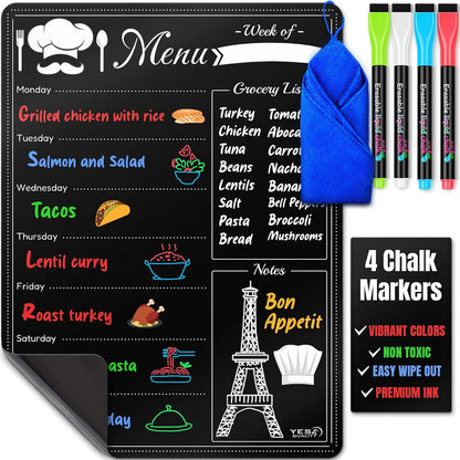 Magnetic Dry Erase Menu Board for Fridge (16x12) - Weekly Meal Planner Blackboard w/ 4 Magnetic Chalk Markers & Wiping Cloth - Chalkboard Organizer for Dinner Menus & Grocery Lists by Yes4Quality