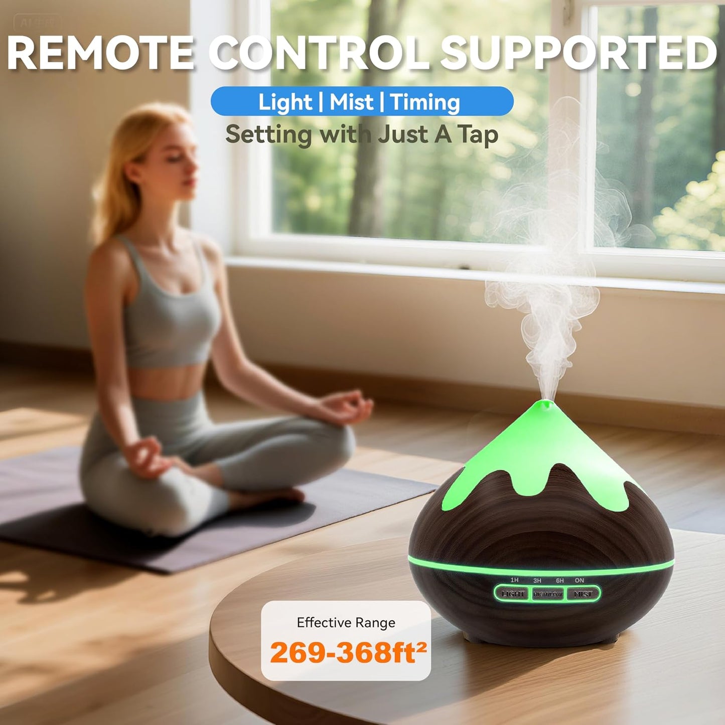 500ML Essential Oil Diffuser, Aromatherapy Diffuser with Remote Control, Multifunctional Air Diffusers for Home Office Room, Fragrance Aroma Diffuser with 7 Color LED & 2 Mist Mode, Brown