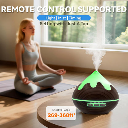 500ML Essential Oil Diffuser, Aromatherapy Diffuser with Remote Control, Multifunctional Air Diffusers for Home Office Room, Fragrance Aroma Diffuser with 7 Color LED & 2 Mist Mode, Brown