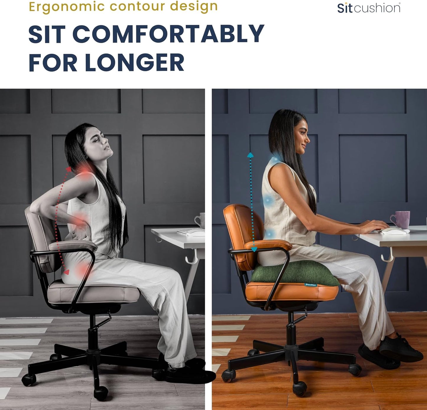 SitCushion Extra Large Memory Foam Seat Cushions for Office Chairs, Pressure Relief Seat Cushion for Tailbone Pain Relief, Sciatica & Back Pain, Ergonomic Office Chair Cushion for Long Sitting (Black)