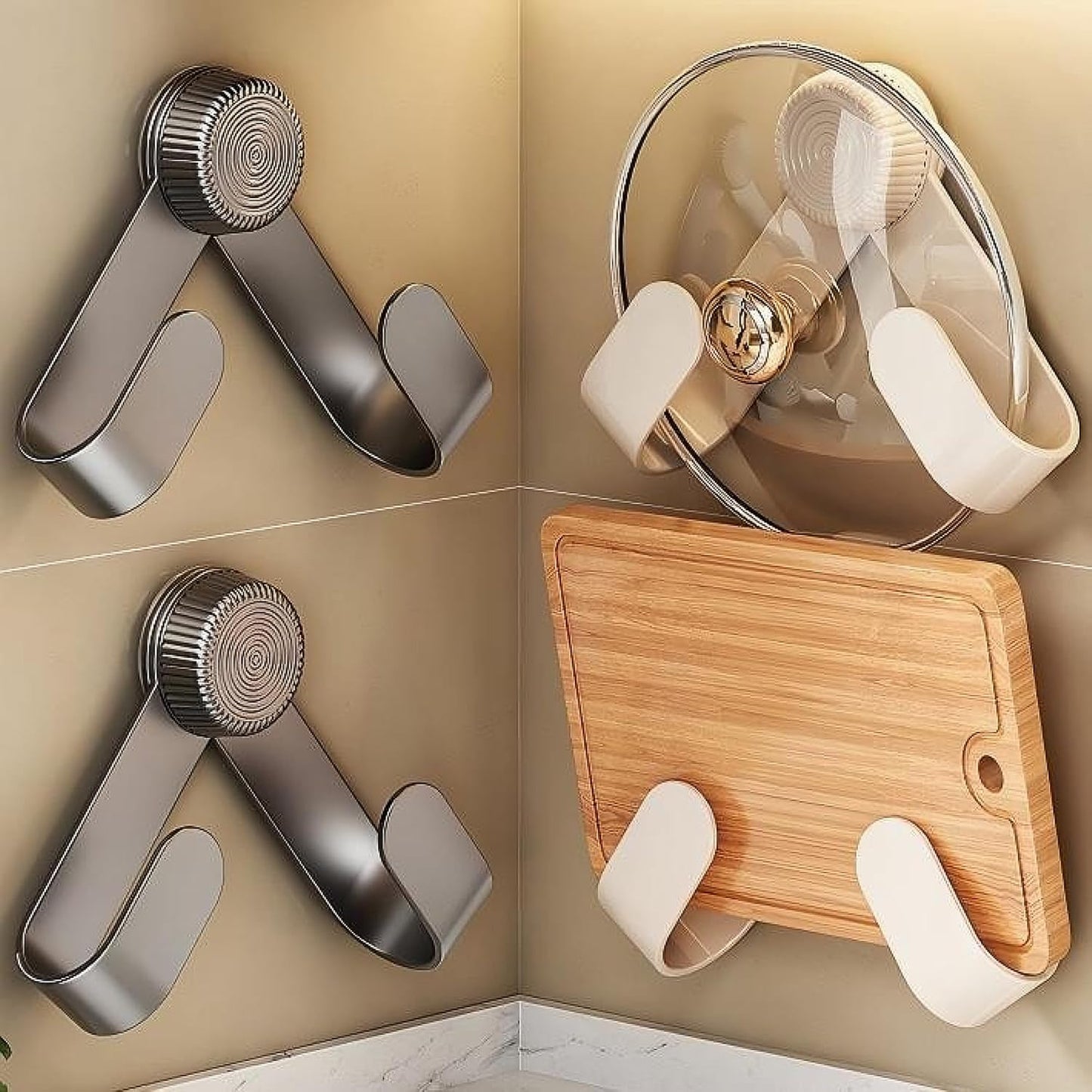 Pot Lid Rack Organizer holder for Cabinet Door/Wall With Suction Cup, No Drilling, Adjustable Rotating Arm Design Fits 6-14" Lids(Cream)