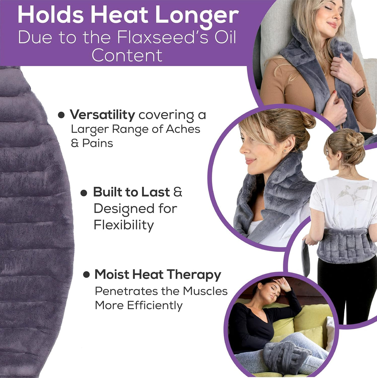Purple Moon Collection - Microwavable Heating Pad with Straps - Medium, Gray - Reheatable Heat Pack for Back, Neck, Shoulders Pain Relief - Hot/Cold Therapy Body Wrap for Menstrual Cramps