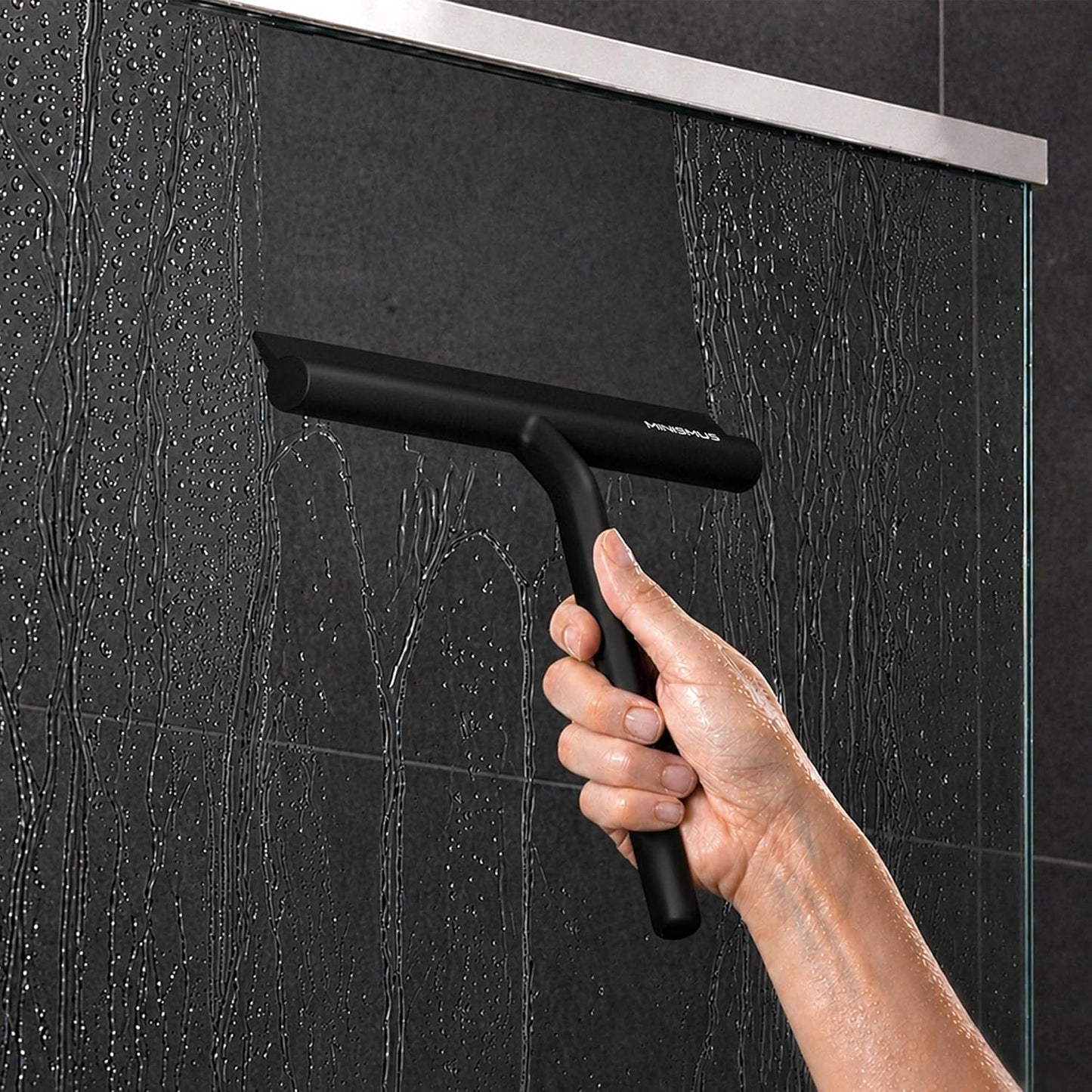 Minismus Shower Squeegee with Magnetic Hook - Silicone Window Wiper with Adhesive Wall Mounted Hanger - Shower Squeegee for Glass Doors - Rubber Squeegee - Shower Glass Cleaner (8.25 inches, Black)