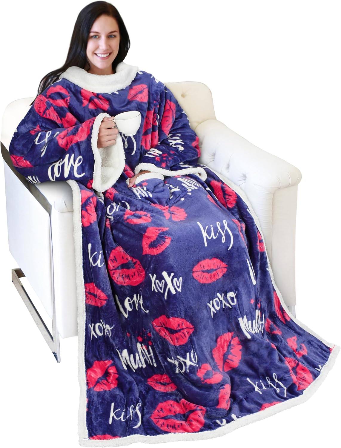 Catalonia Sherpa Wearable Blanket with Sleeves and Pocket for Adults