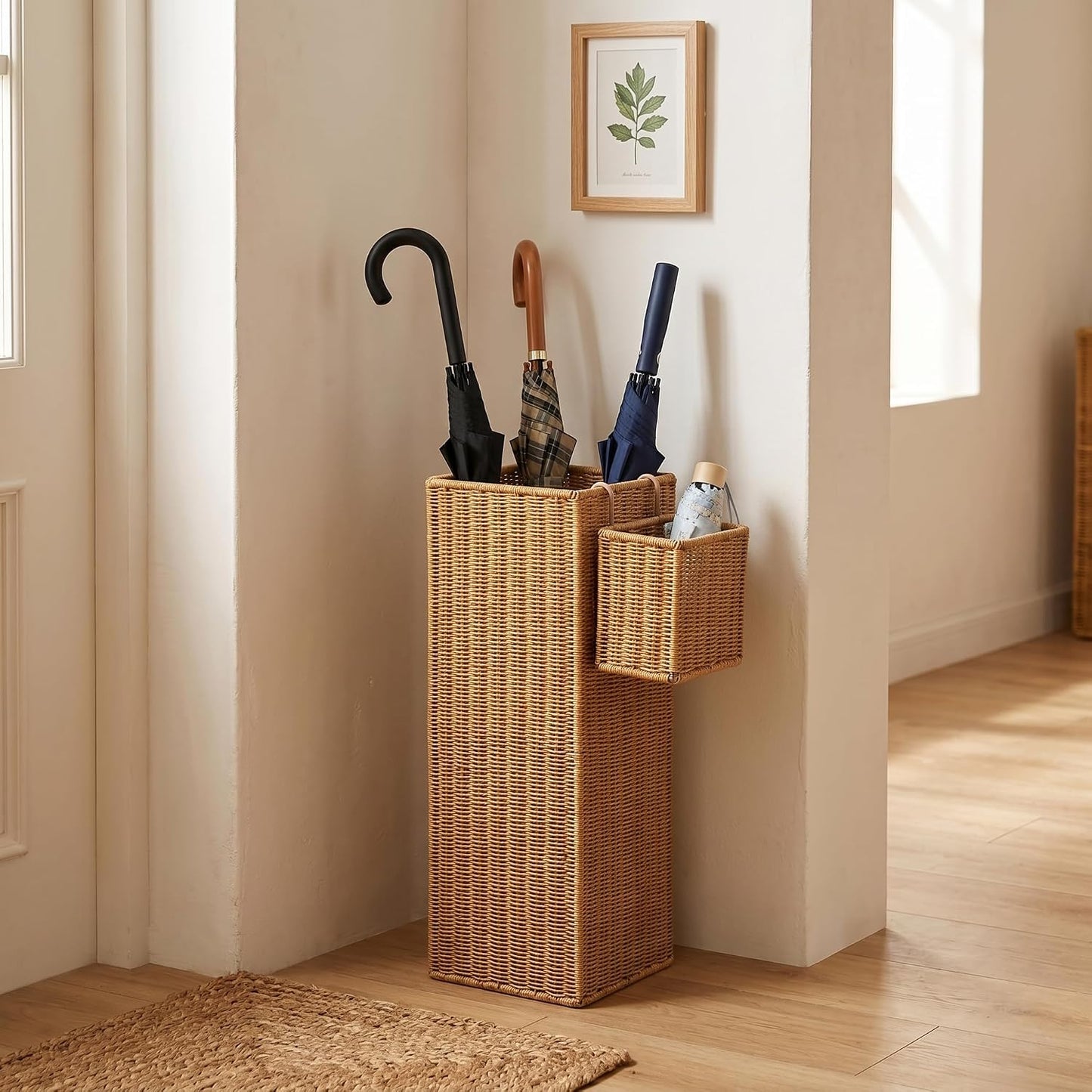 Rattan Umbrella Stand with Small Basket & Drip Tray, Umbrella Holder for Entryway, Tall Wicker Basket for Storage, Woven Organizer for Inoor, Outdoor, Home, Office, Hotel